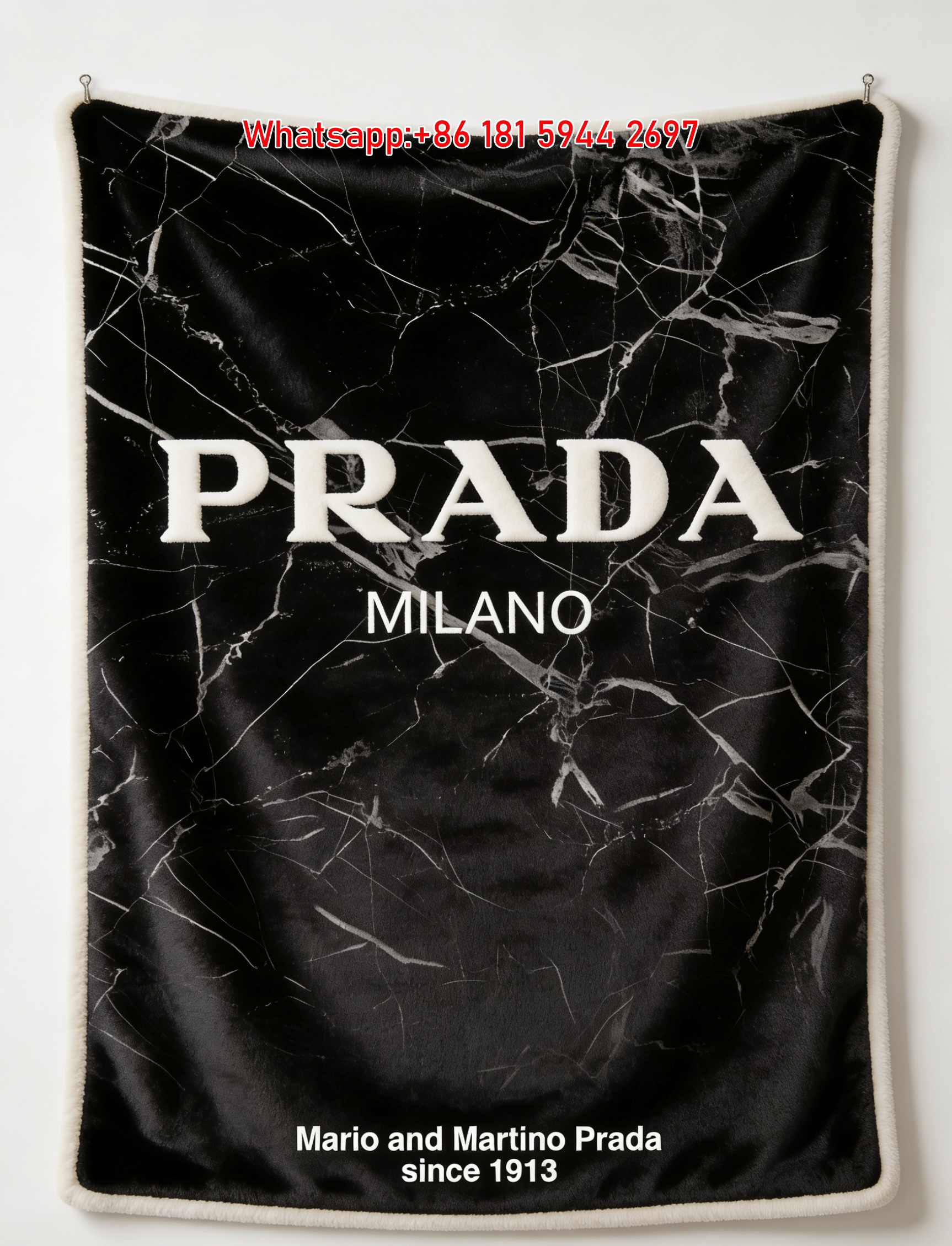 Prada Black Marble Texture Printed Flannel Throw Blanket With White Prada Milano Logo IMG_2759